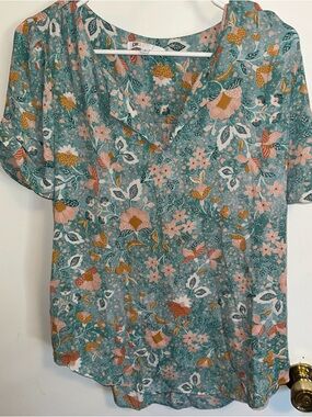 DR2 Floral V-Neck Short Sleeve Top - Teal & Pink